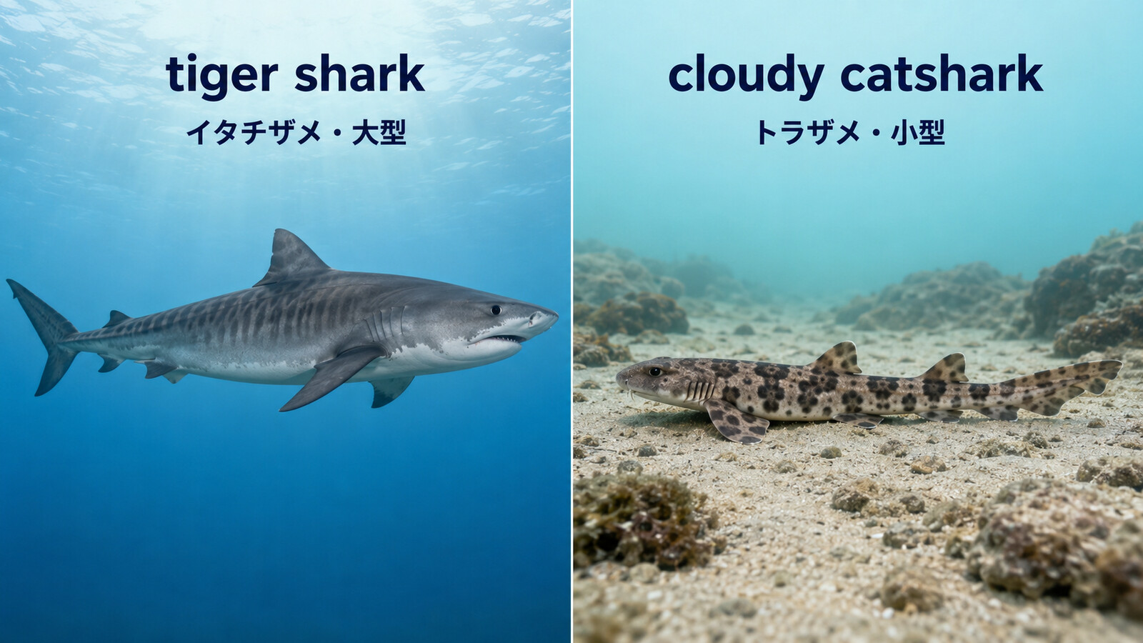 tiger sharkのイタチザメとcloudy catsharkのトラザメを比較する図