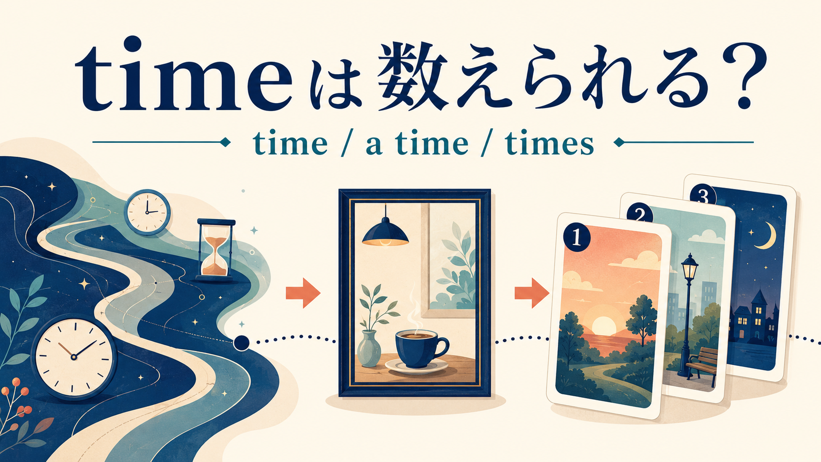 time、a time、timesを流れる時間、一回、回数で比較したアイキャッチ