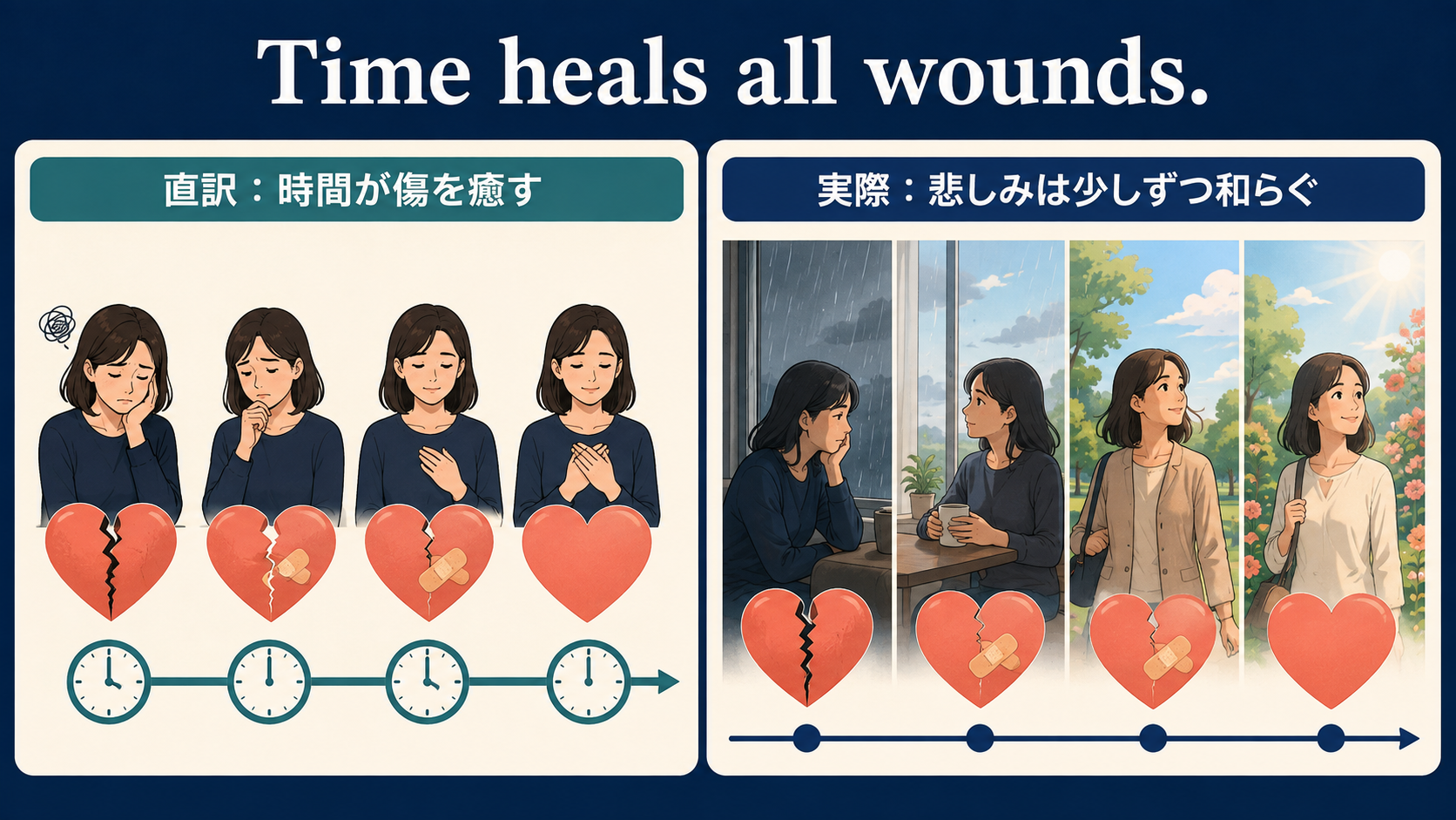Time heals all wounds.の直訳と実際のニュアンスを比較する図解