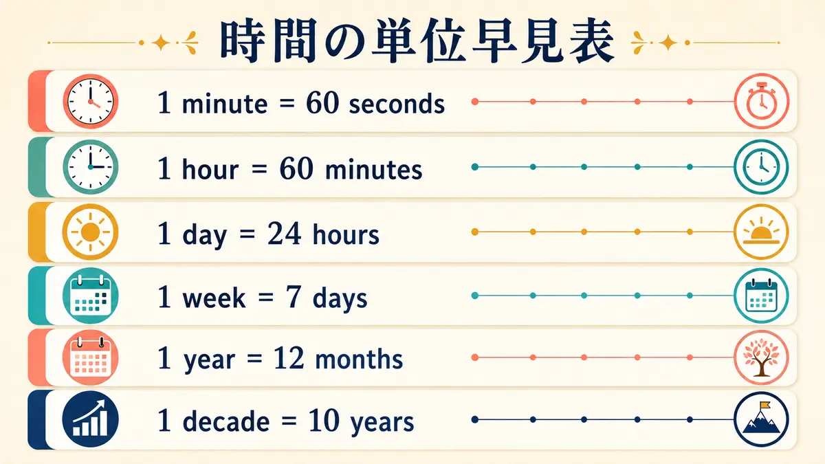minute・hour・day・week・year・decadeの時間単位換算早見表
