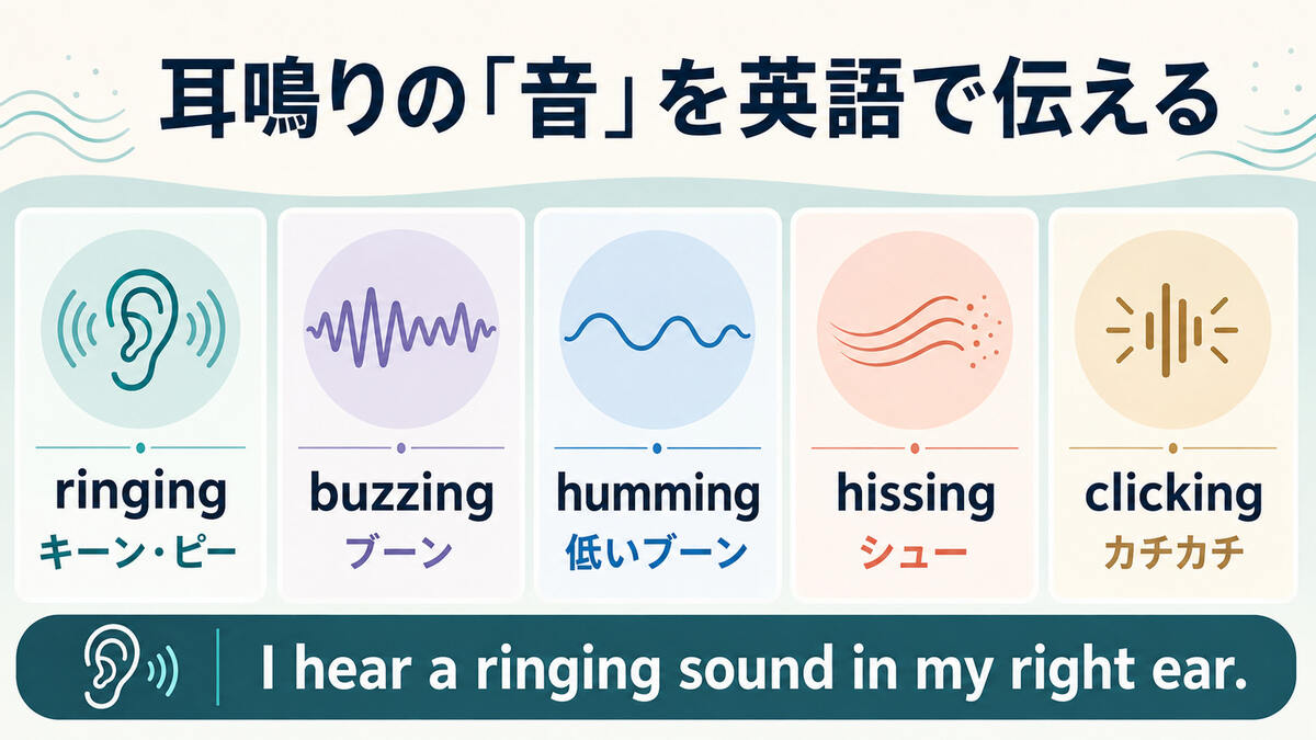ringing・buzzing・humming・hissing・clickingで耳鳴りの音を伝える比較図