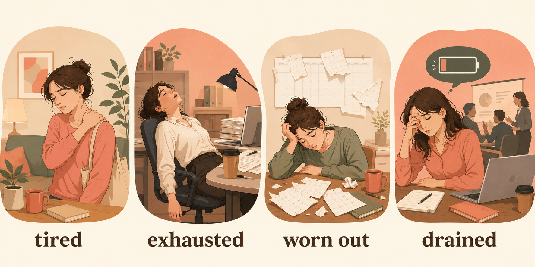 tired・exhausted・worn out・drainedのニュアンス比較