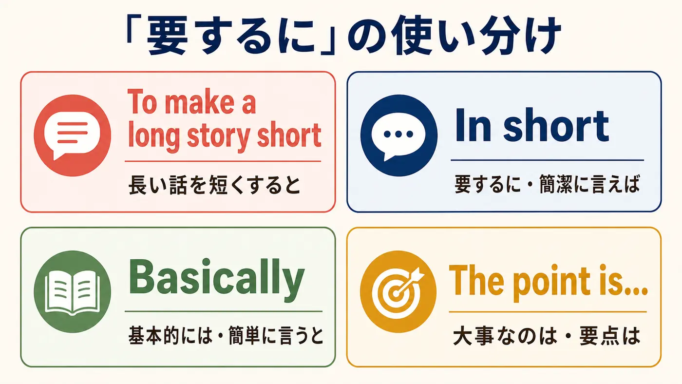 To make a long story shortなど「要するに」を表す英語の意味と違い