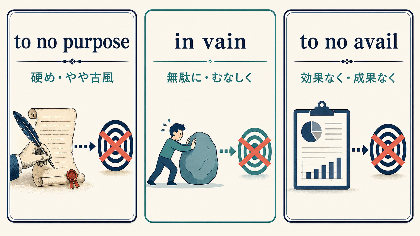 to no purpose・in vain・to no availのニュアンスと文体の違いを示す比較図