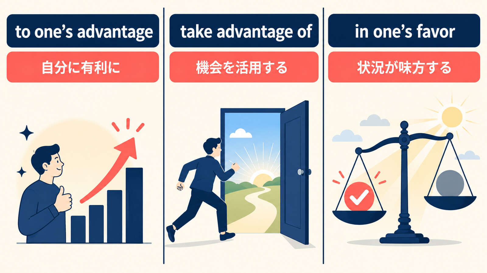 to one’s advantage・take advantage of・in one’s favorの違い