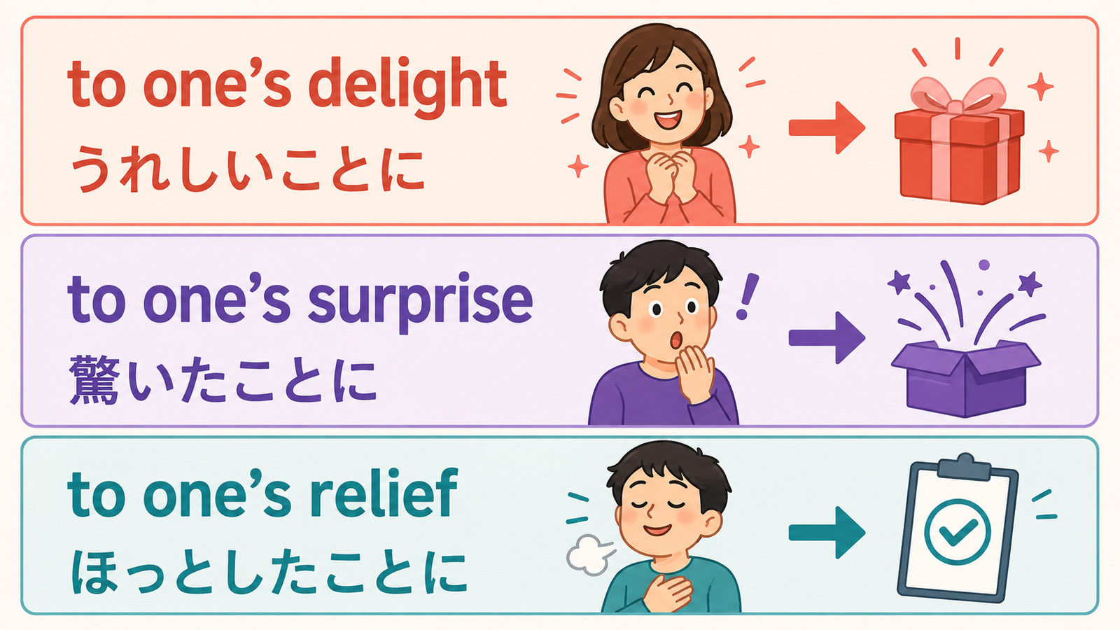 to one’s delight、to one’s surprise、to one’s reliefの意味の違い