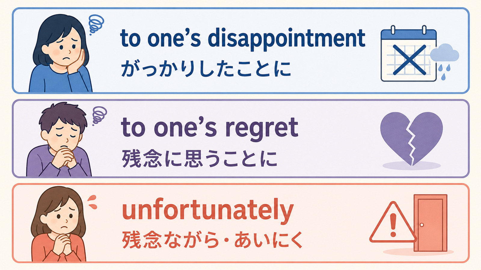 to one’s disappointment、to one’s regret、unfortunatelyの違い