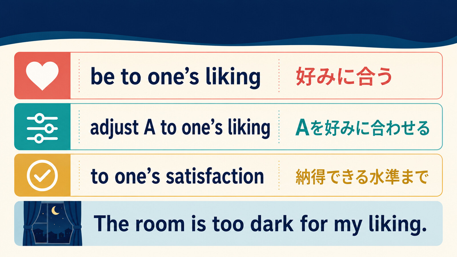 be to one’s liking・adjust A to one’s liking・to one’s satisfactionの違い