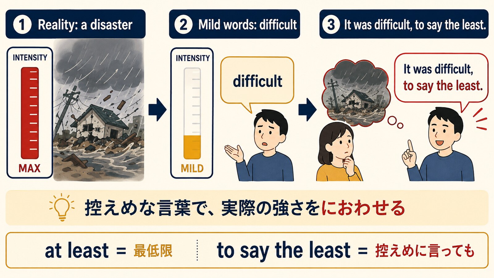 to say the leastが控えめな言葉から実際の強さをにおわせる仕組みとat leastとの違いを示す図