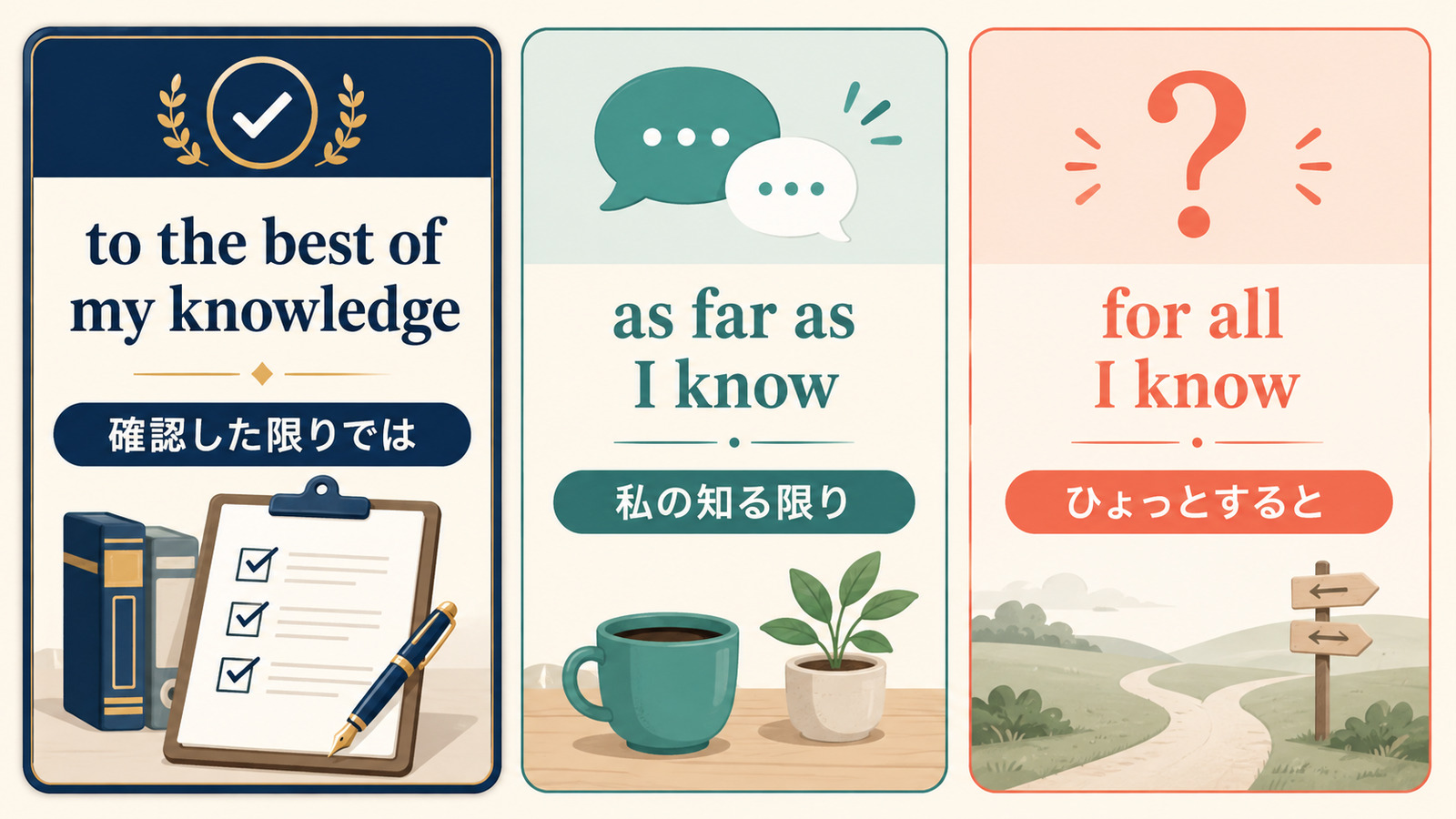 to the best of my knowledge・as far as I know・for all I knowの違いを示す比較図