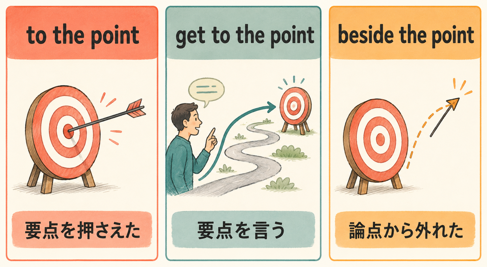 to the point、get to the point、beside the pointの意味の違い