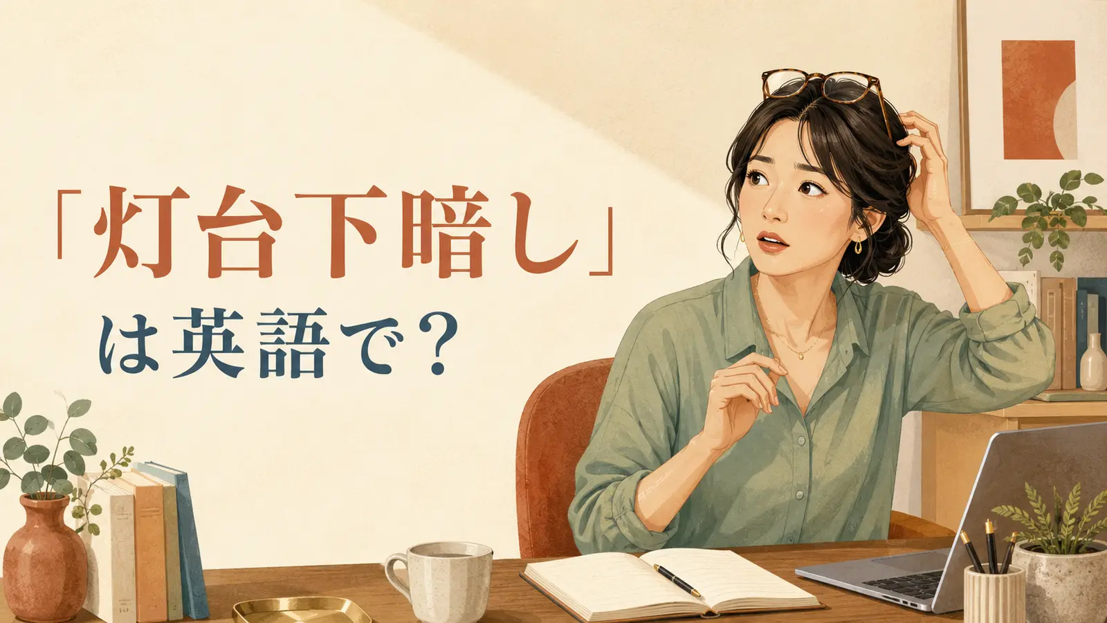 「灯台下暗し」は英語で? 眼鏡が頭の上にあることに気づかず探す女性のイラスト