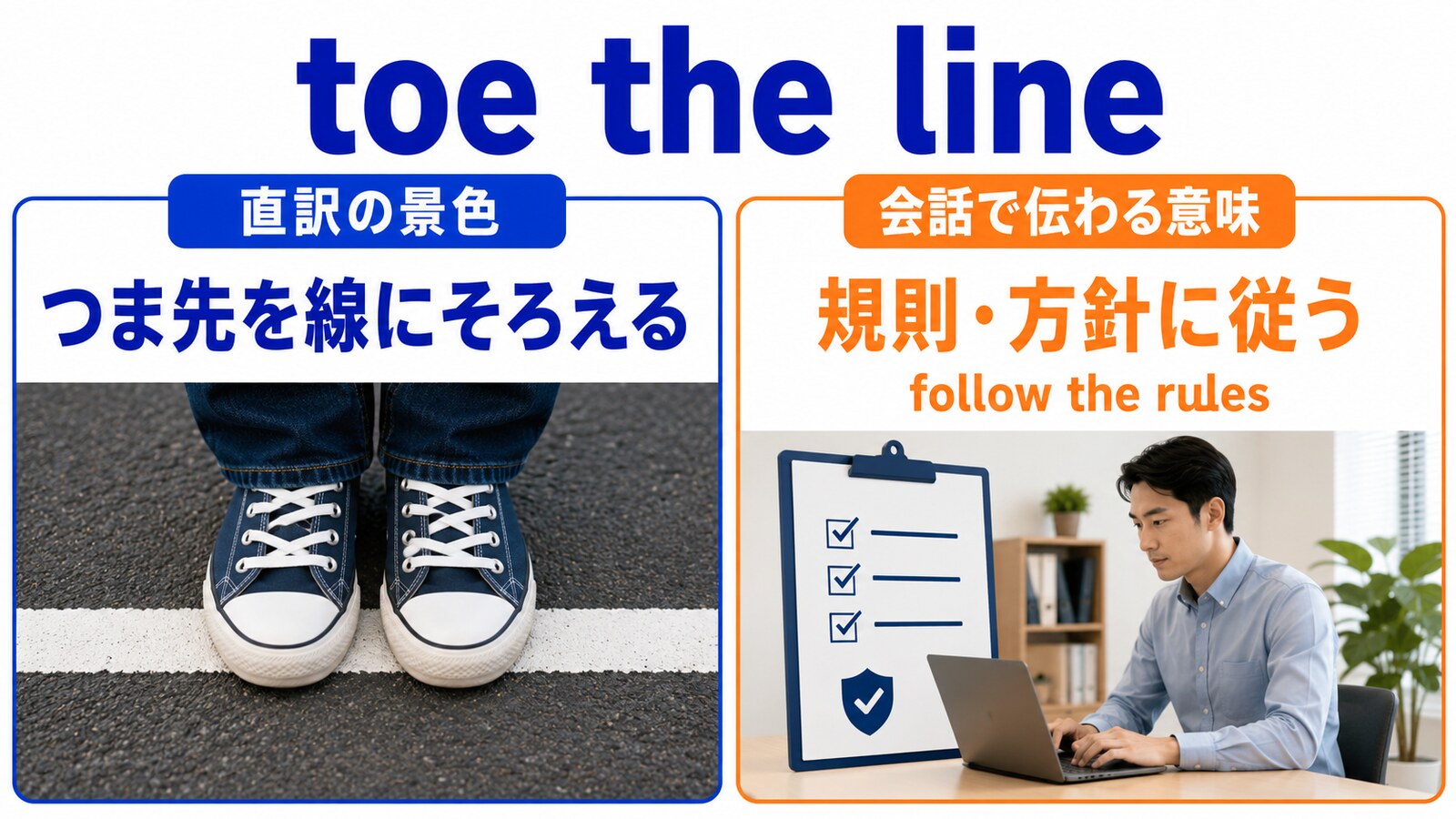 toe the lineの直訳と会話での意味を比較する解説イラスト