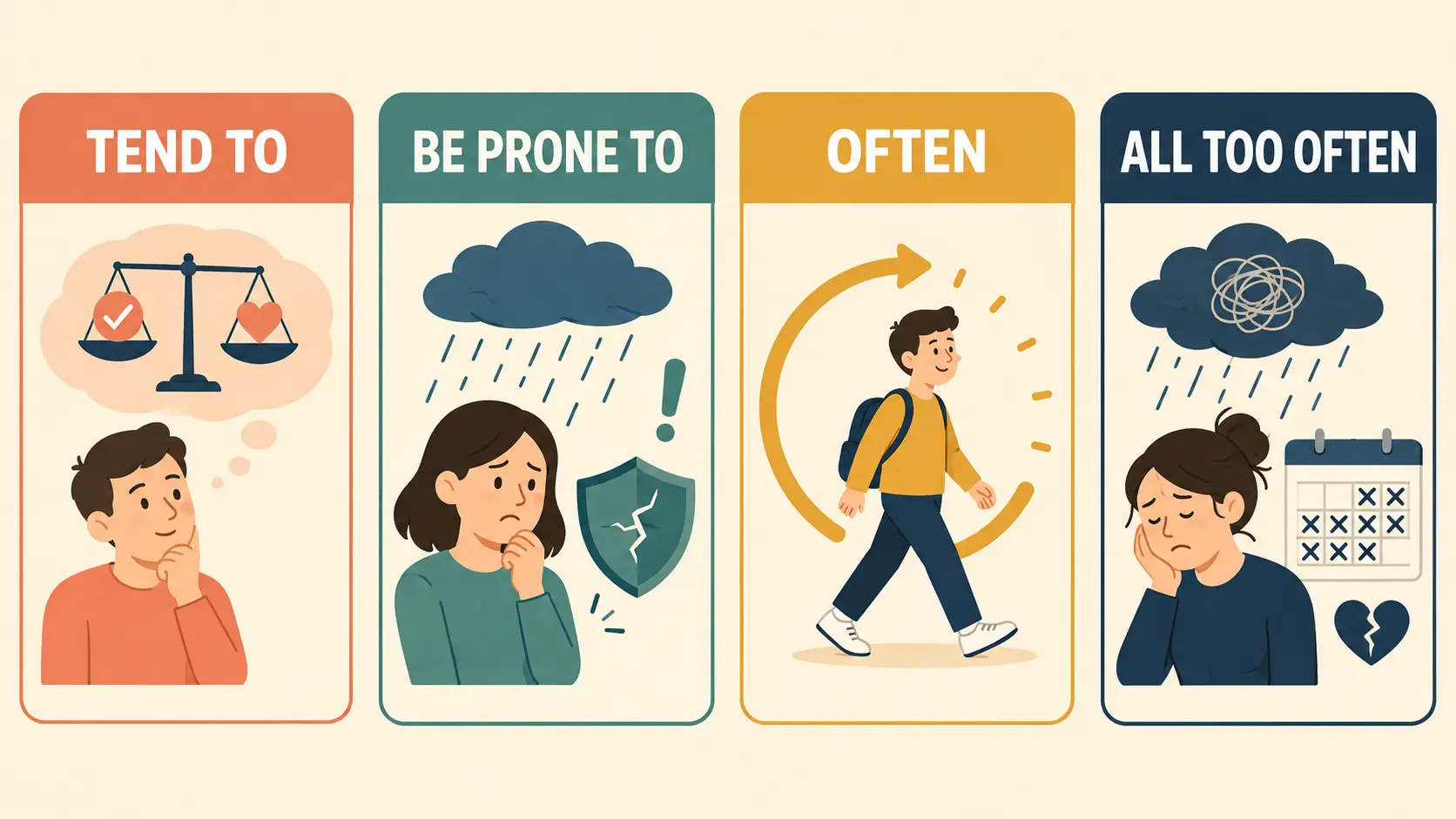 tend to・be prone to・often・all too oftenの違いを表す比較イラスト