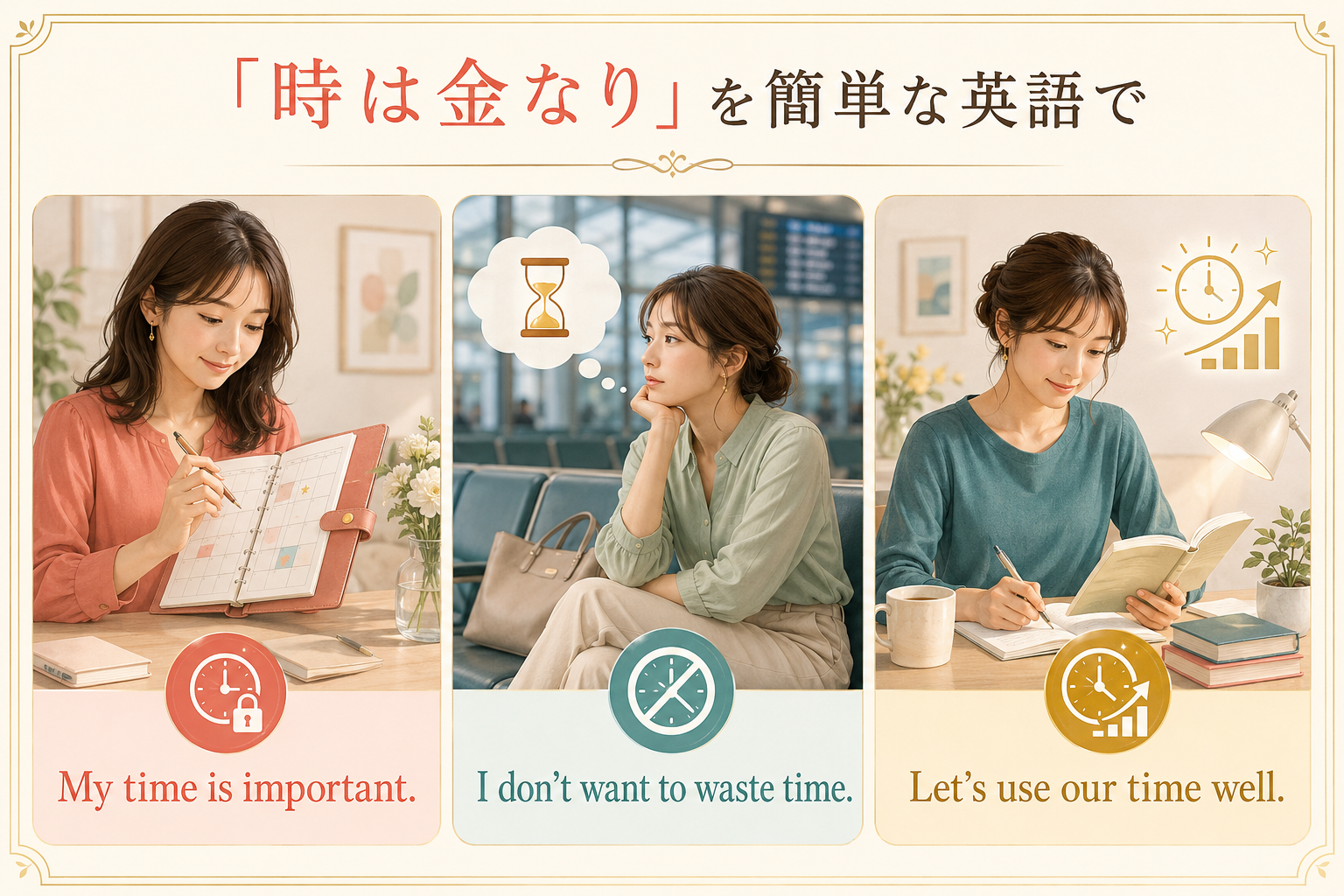 時は金なりをMy time is importantなど簡単な英語で表すイラスト