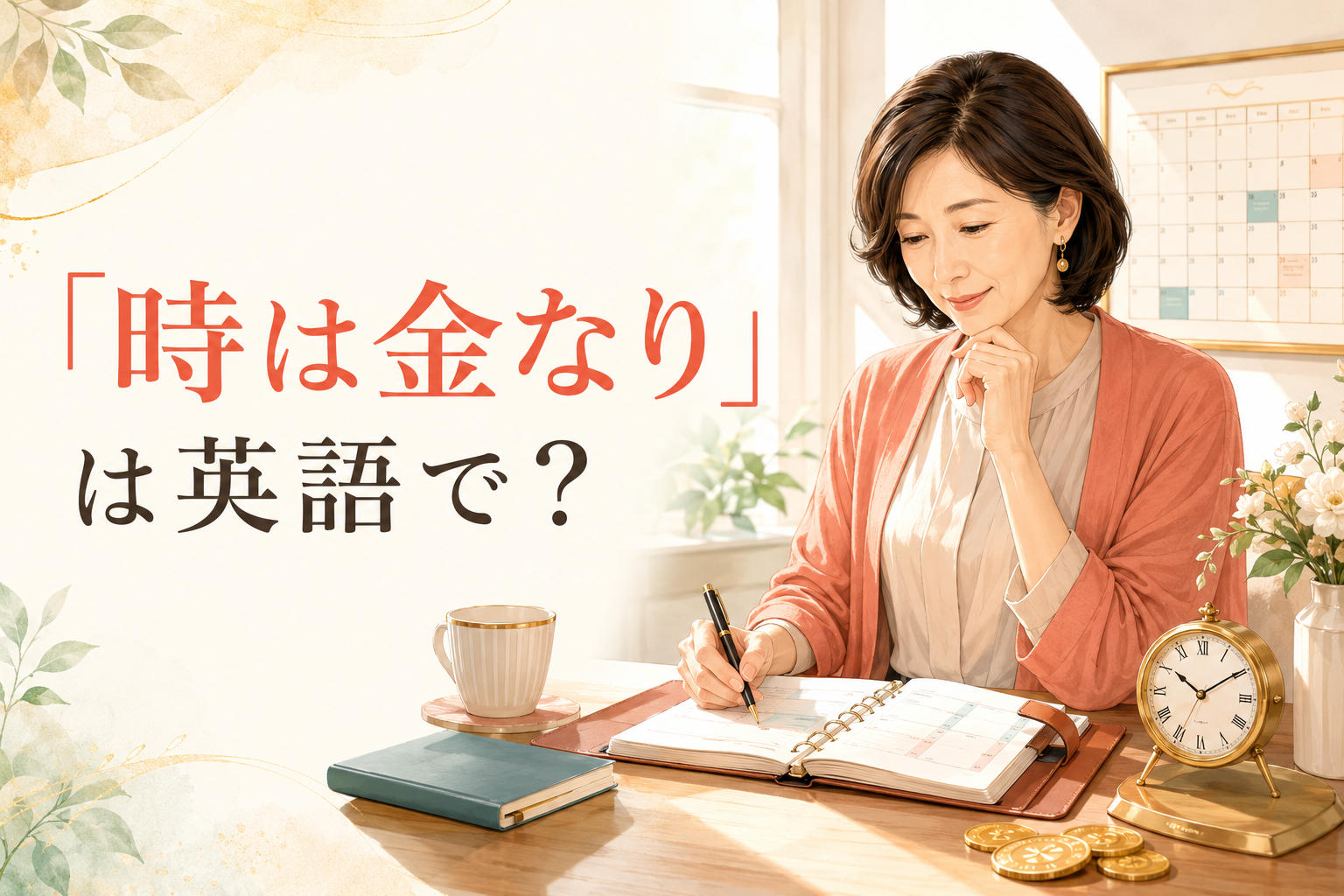 「時は金なり」は英語で?時計と予定表で時間を大切に使う女性