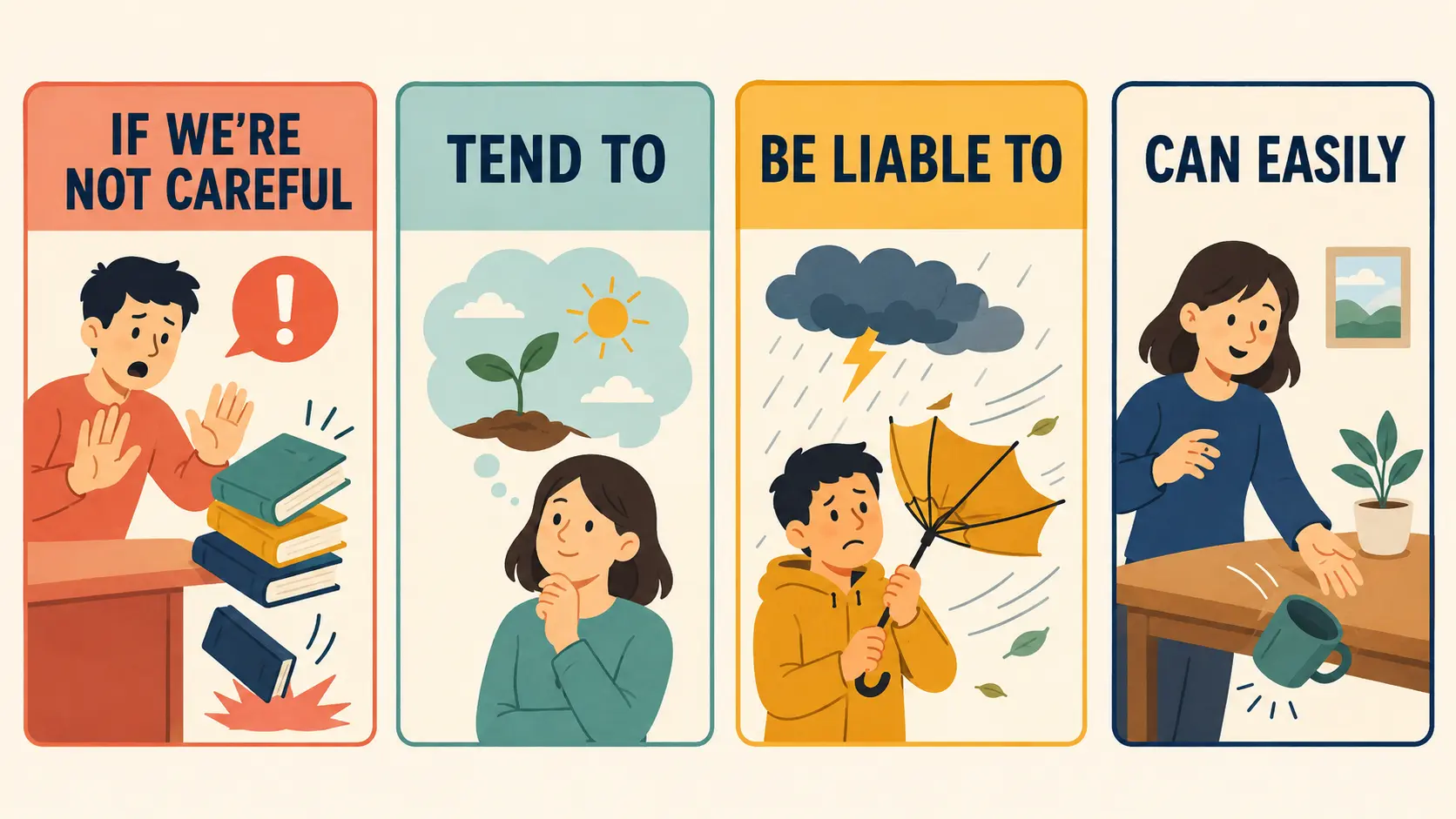 if we're not careful・tend to・be liable to・can easilyの比較イラスト