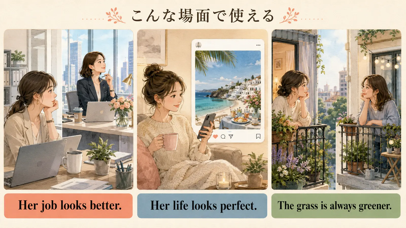仕事・SNS・暮らしで他人がよく見える3つの場面を示すイラスト
