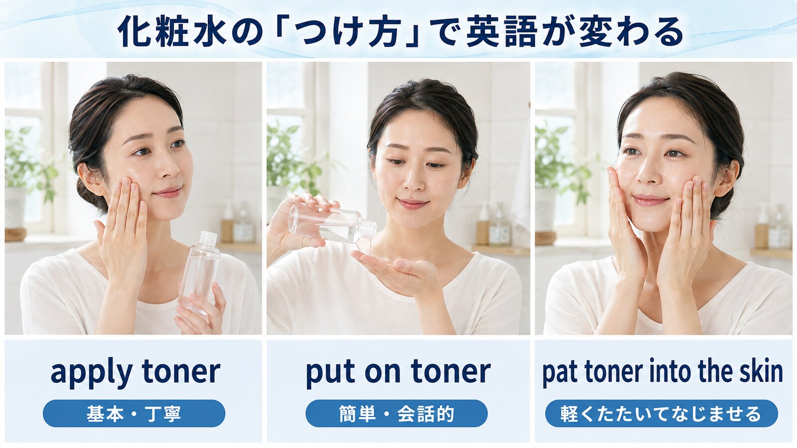 apply toner・put on toner・pat toner into the skinの使い分け解説図