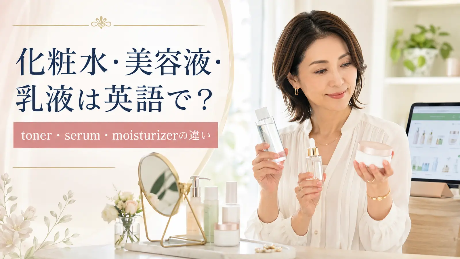 toner・serum・moisturizerを比較する女性