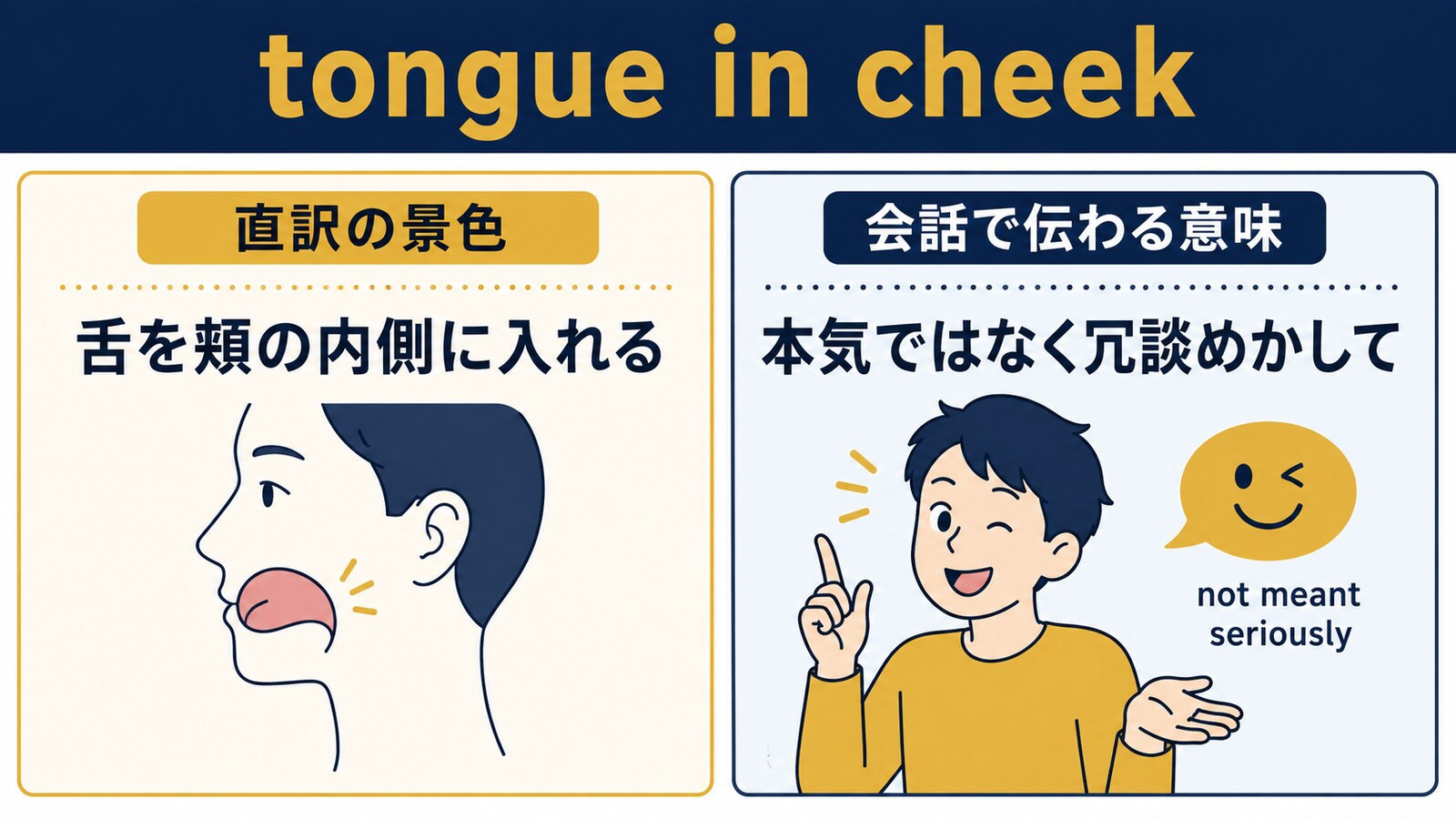 tongue in cheekの直訳と会話での意味を比較する解説イラスト
