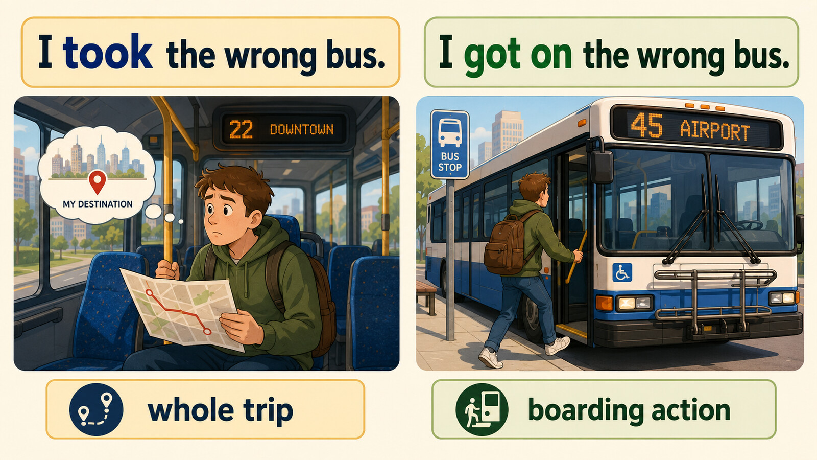 I took the wrong busとI got on the wrong busの違いを示す英語図解
