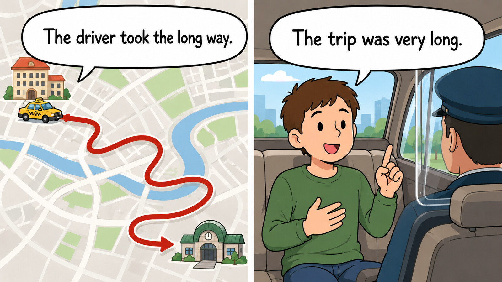 The driver took the long way.とThe trip was very long.を比較した解説イラスト