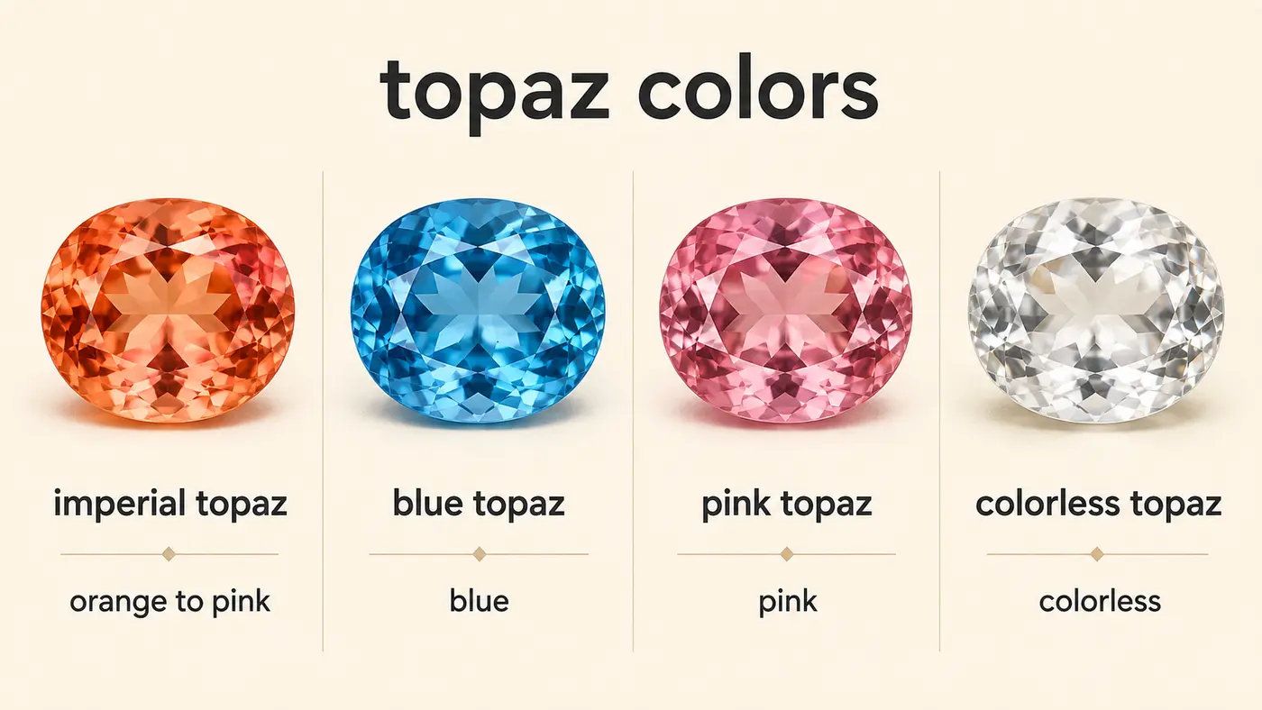 imperial・blue・pink・colorless topazを比較した英語図解