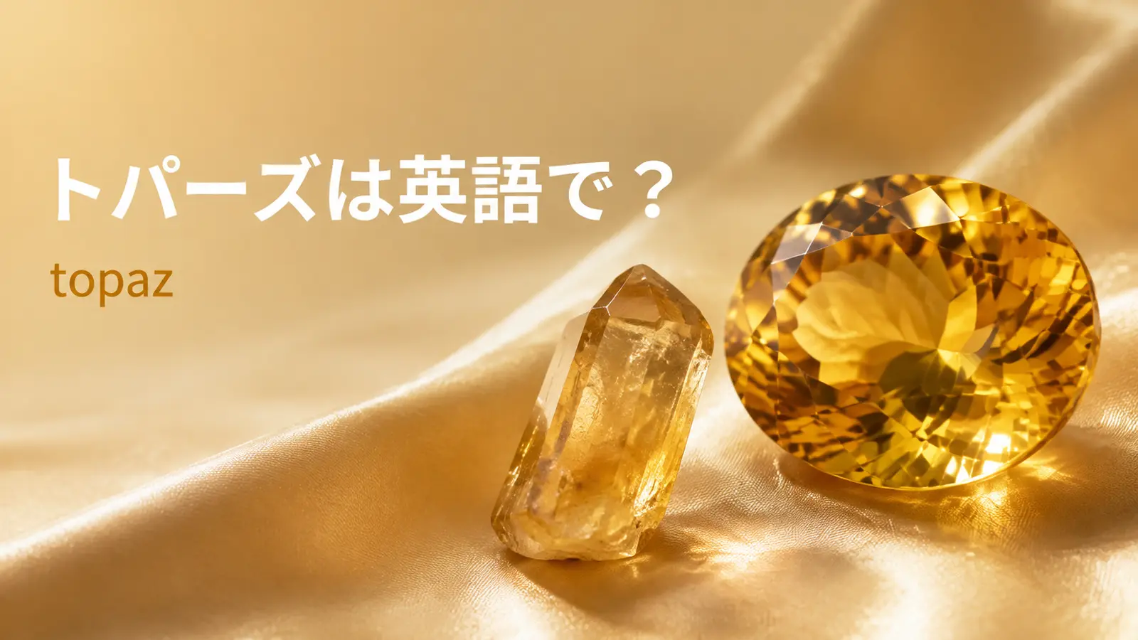 黄金色のトパーズと「トパーズは英語で? topaz」の文字
