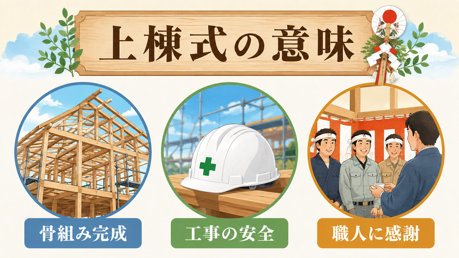 上棟式の意味・流れ・英語での説明を示す図解
