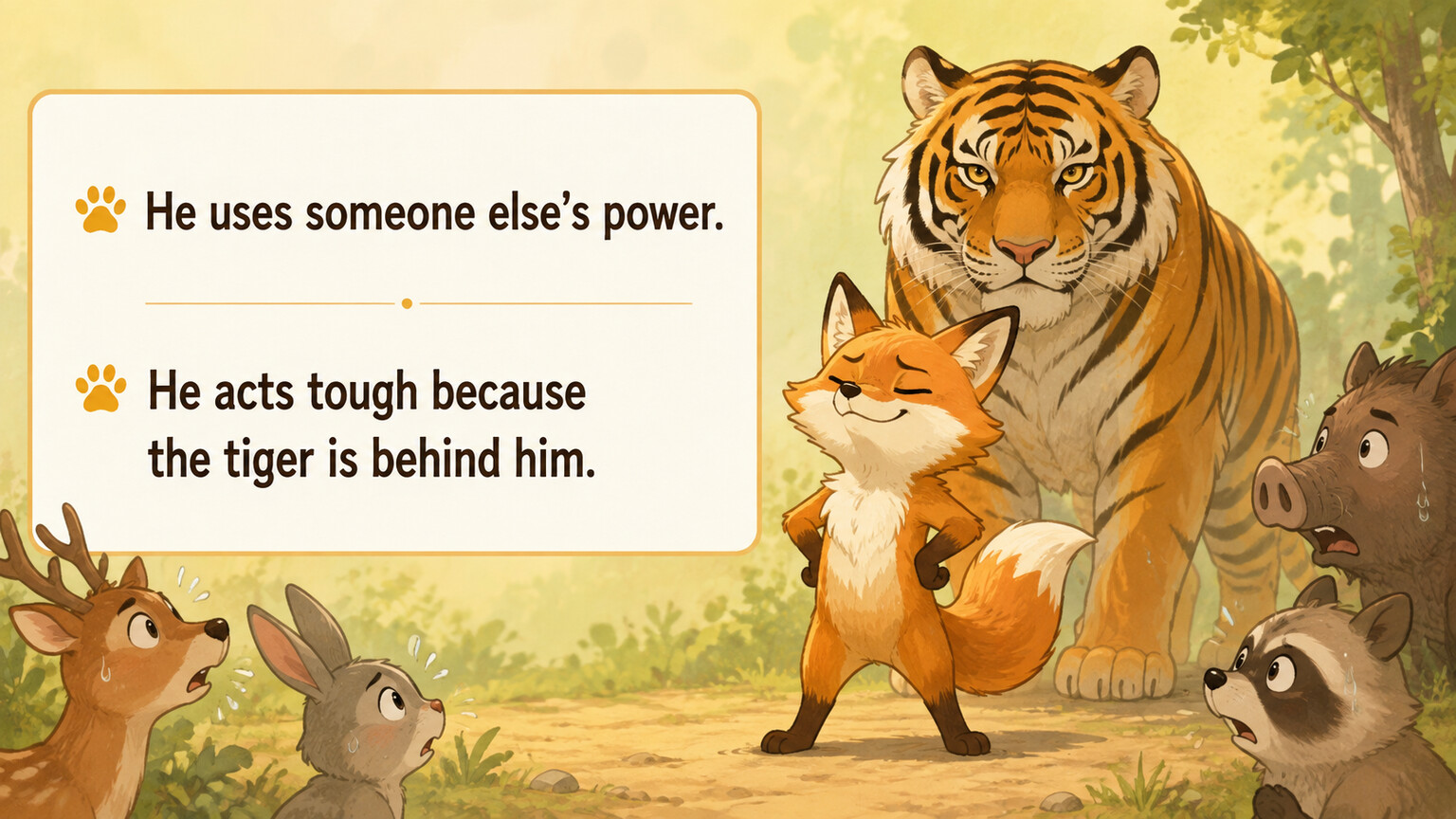 虎の威を借る狐を He uses someone else’s power. で表すイラスト