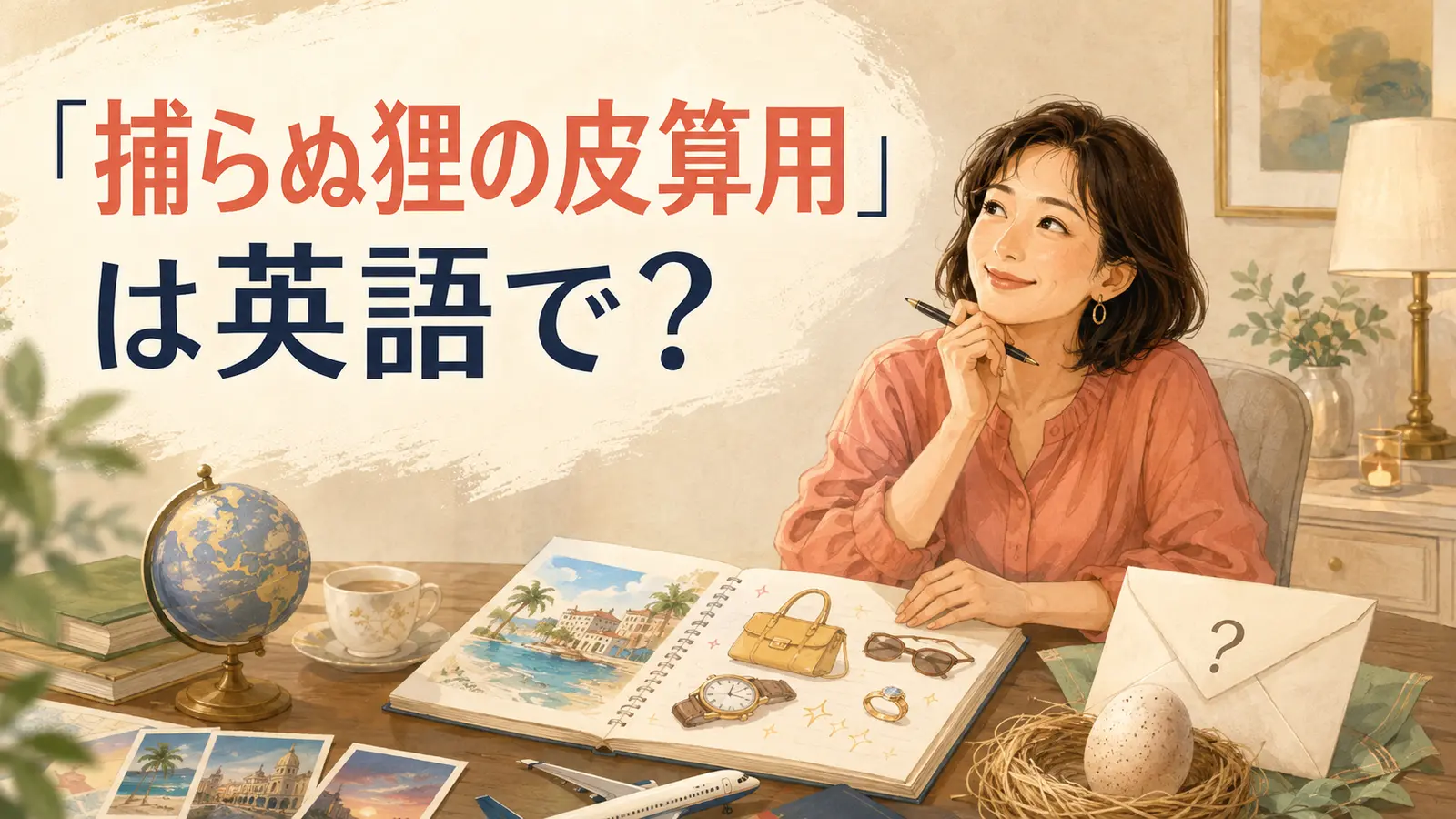 「捕らぬ狸の皮算用」は英語で?と未確定の収入で旅行や買い物を計画する女性のイラスト