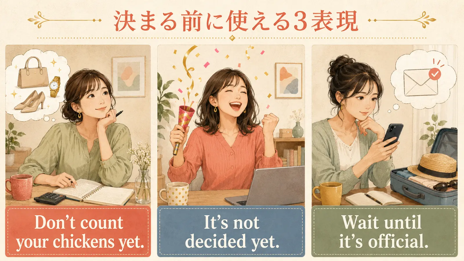 Don’t count your chickens yet、It’s not decided yet、Wait until it’s officialの使い分けイラスト