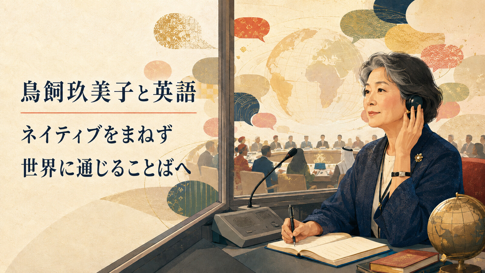 鳥飼玖美子と国際共通語としての英語を表す同時通訳のイラスト