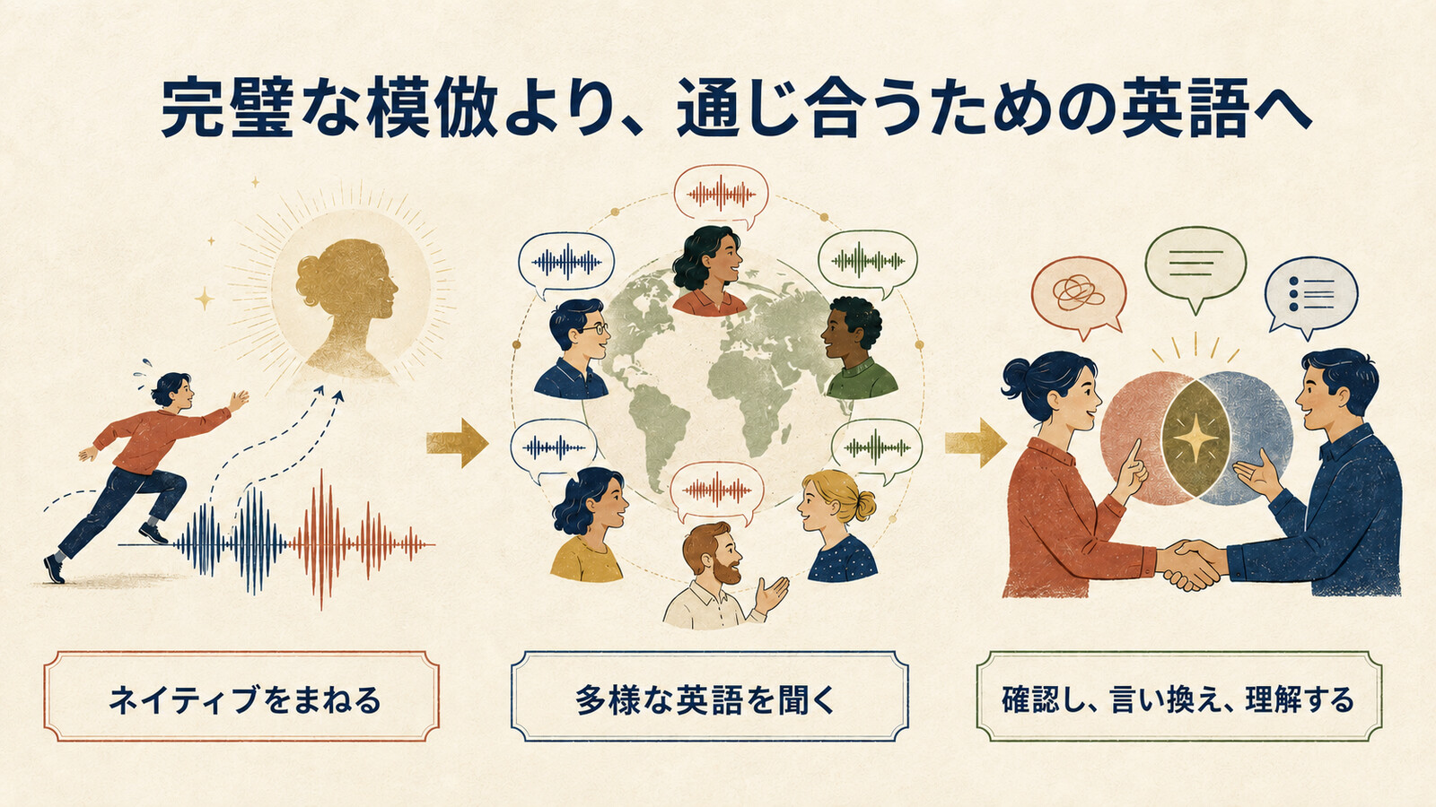 ネイティブの模倣から多様な英語と意味交渉へ進む学習の図解