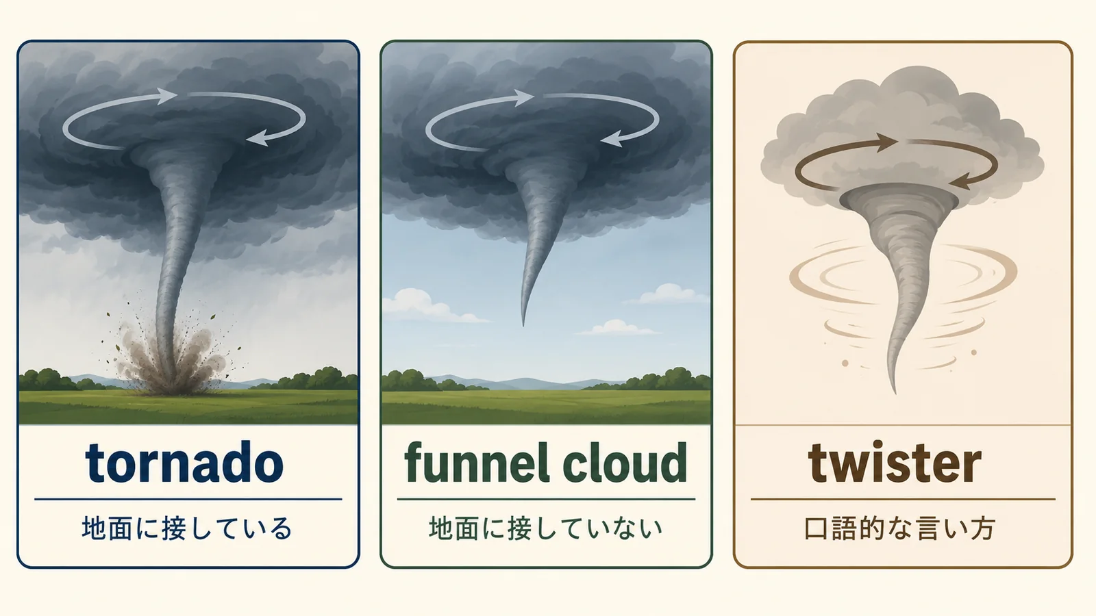 tornado・funnel cloud・twisterの違いを示す英語図解