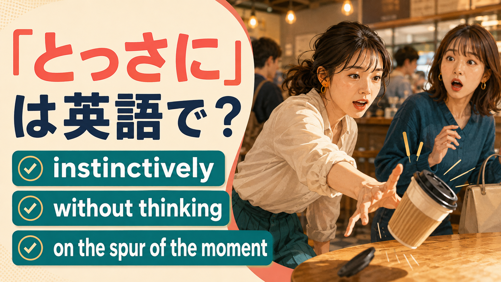 「とっさに」の英語表現 instinctively・without thinking・on the spur of the moment