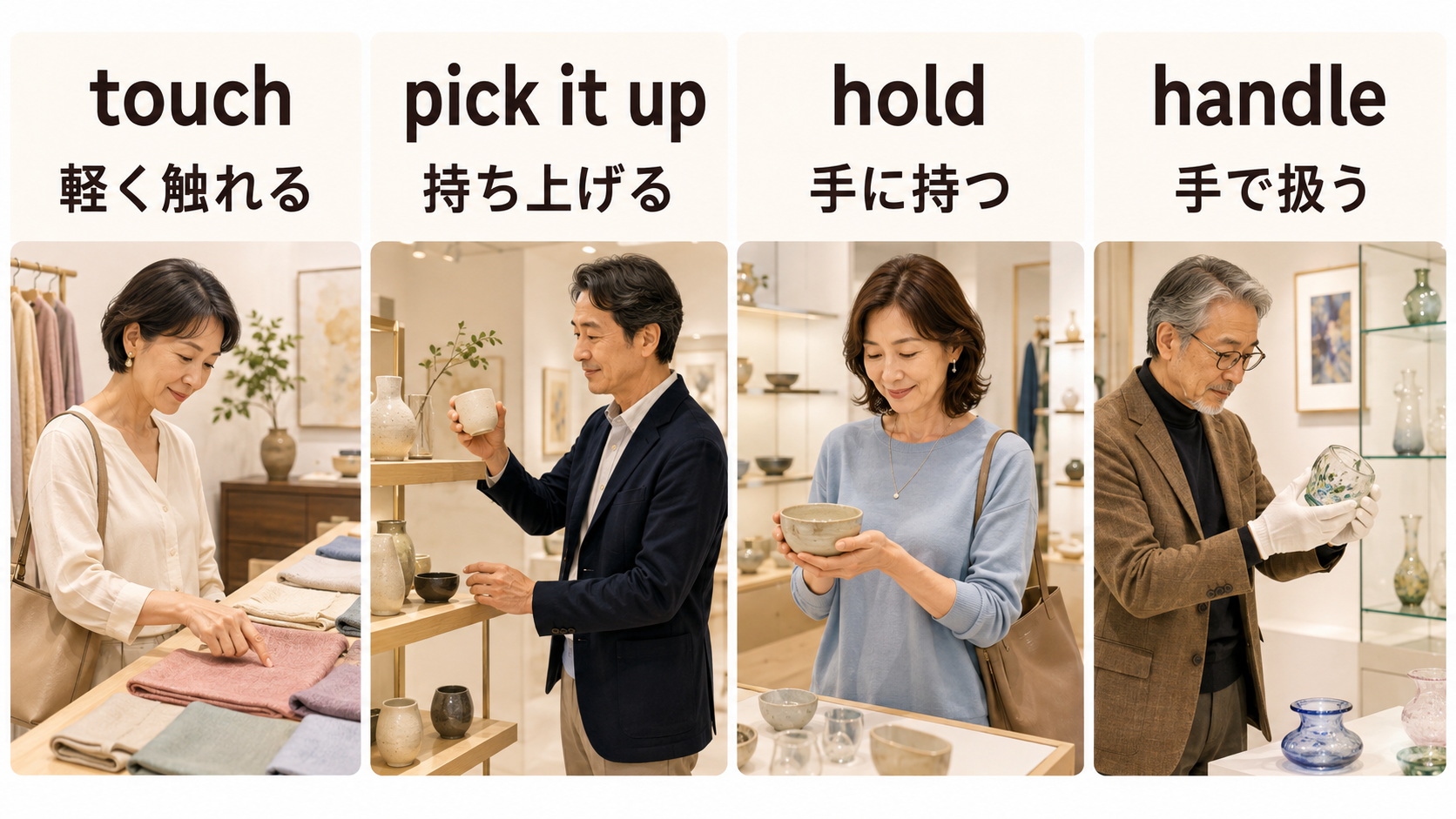 touch、pick it up、hold、handleの違い