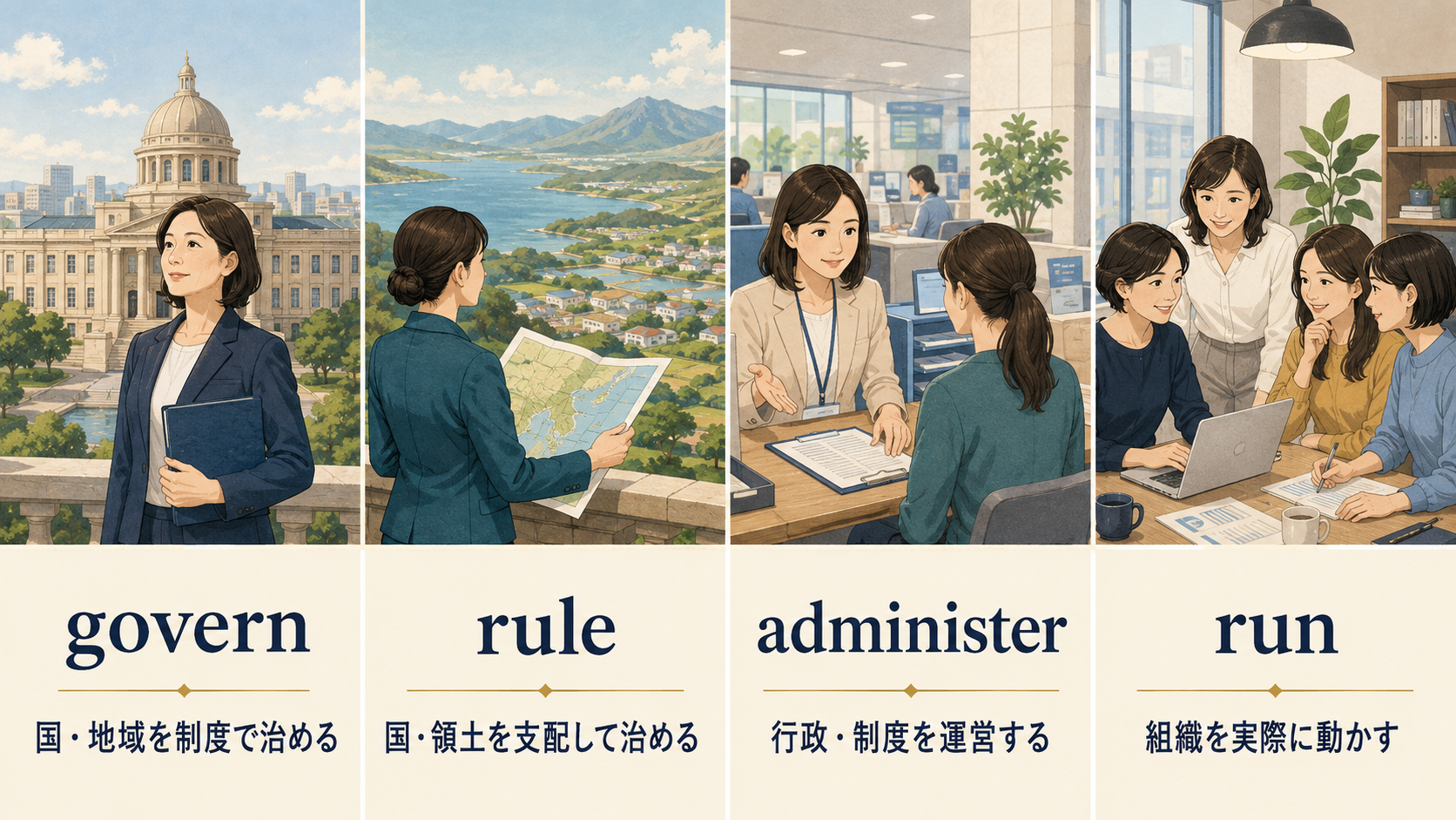 govern、rule、administer、runの使い分け比較