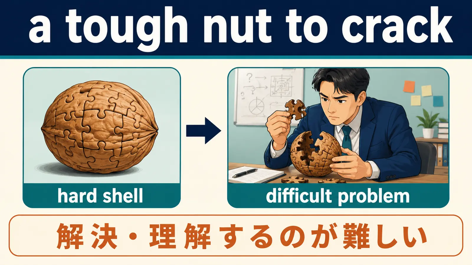a tough nut to crackの直訳と実際の意味を比較した解説図