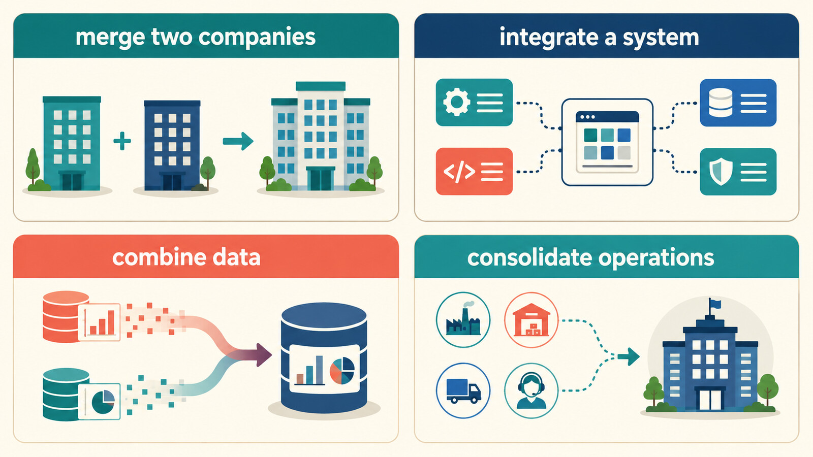 merge two companies・integrate a system・combine data・consolidate operationsの違い