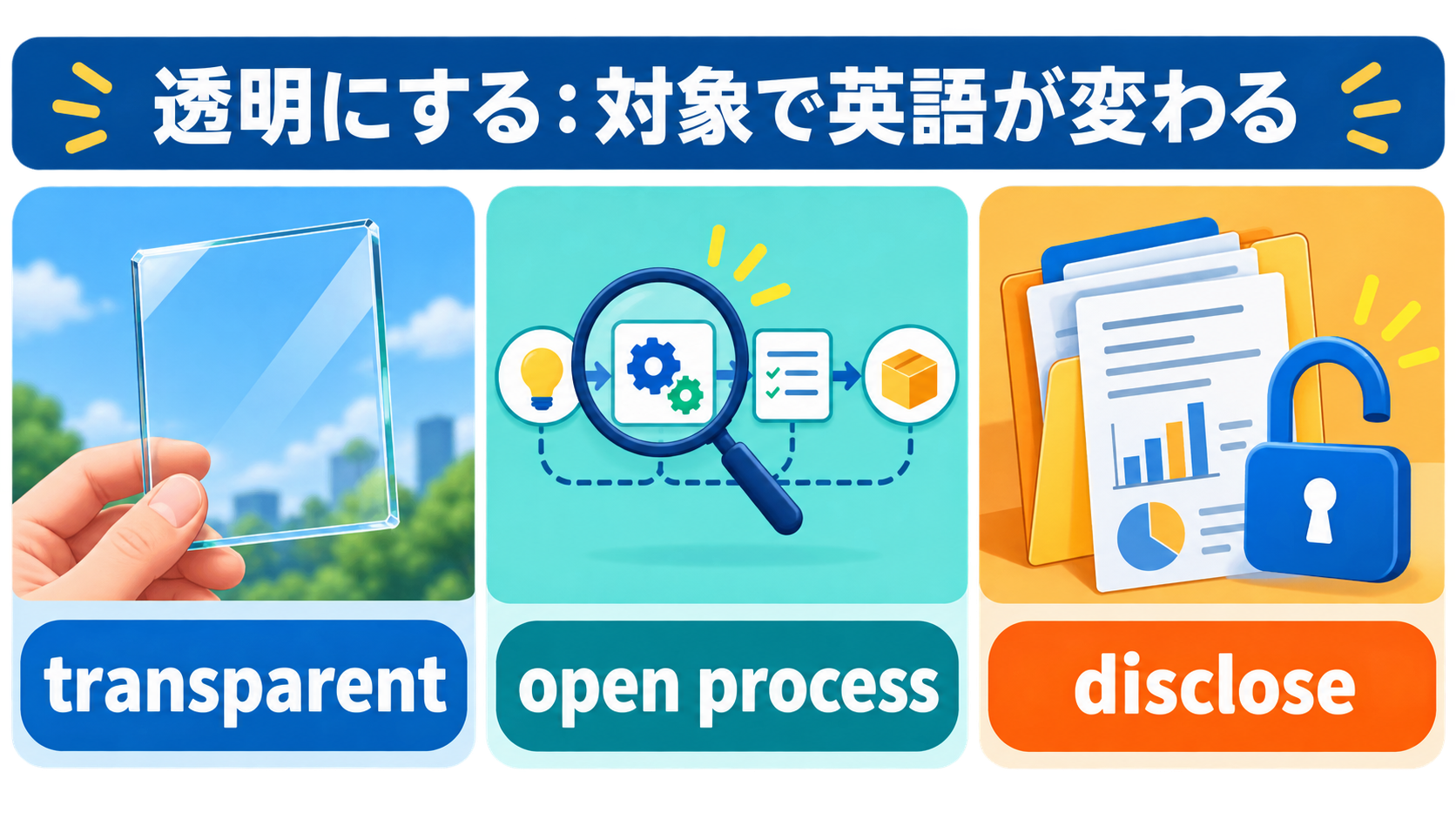 transparent・open process・discloseの使い分け図