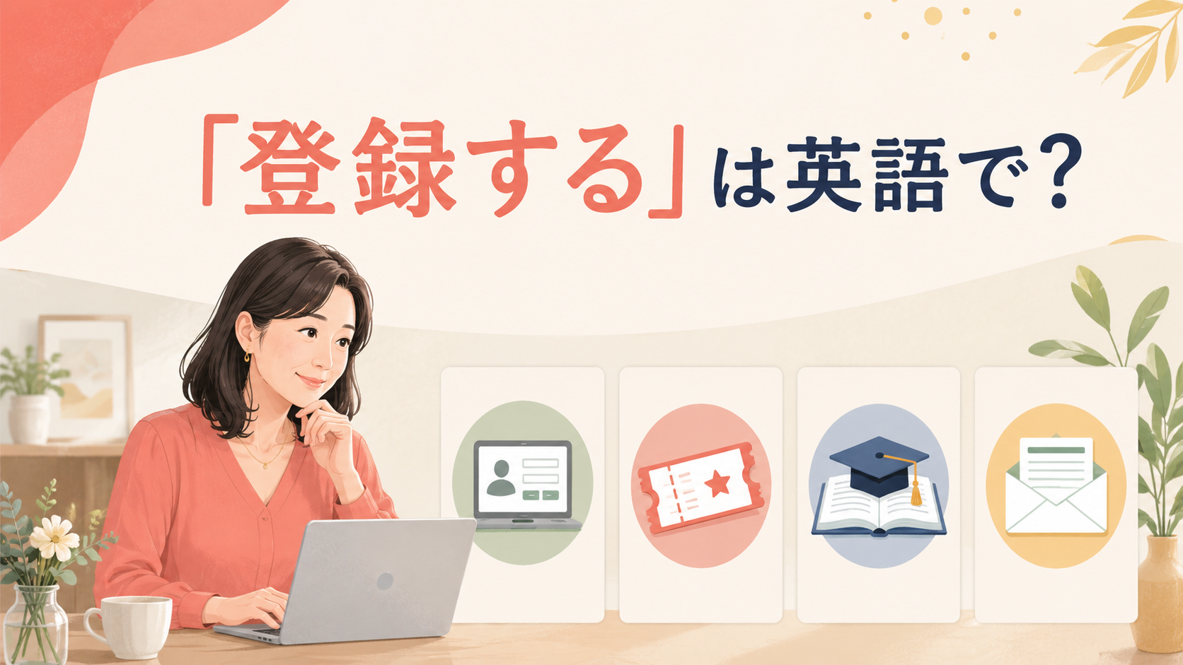 「登録する」は英語で?と大きく表示した、アカウント・イベント・学校・メルマガの登録を表す英語学習記事のアイキャッチ