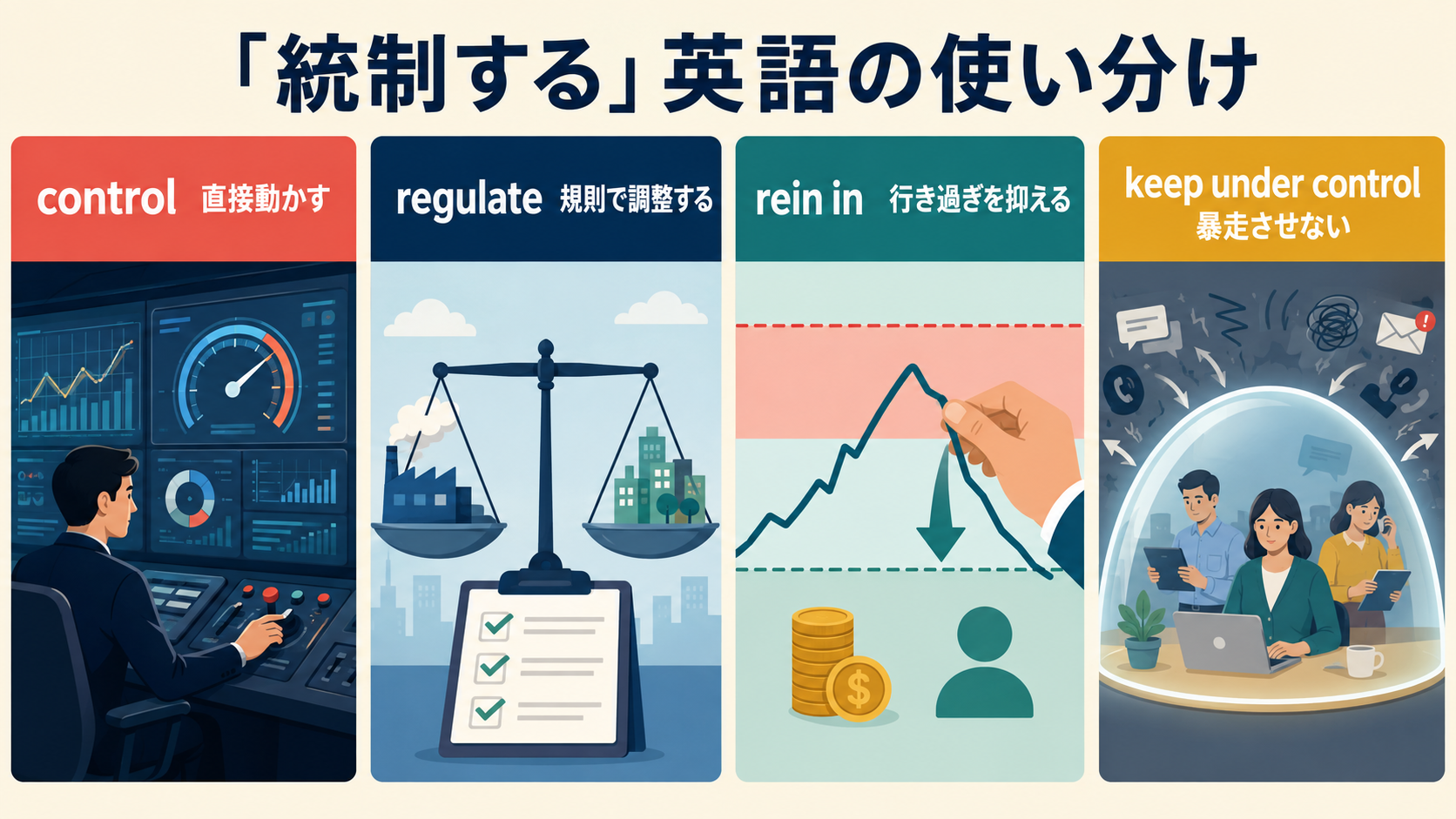 control・regulate・rein in・keep under controlの違い