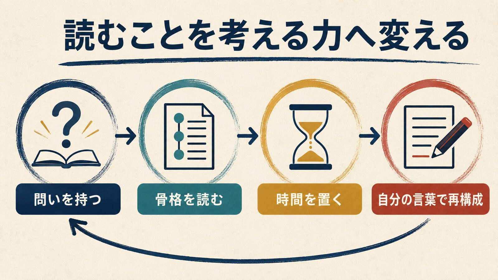 問い・骨格・時間・再構成の読解サイクル図