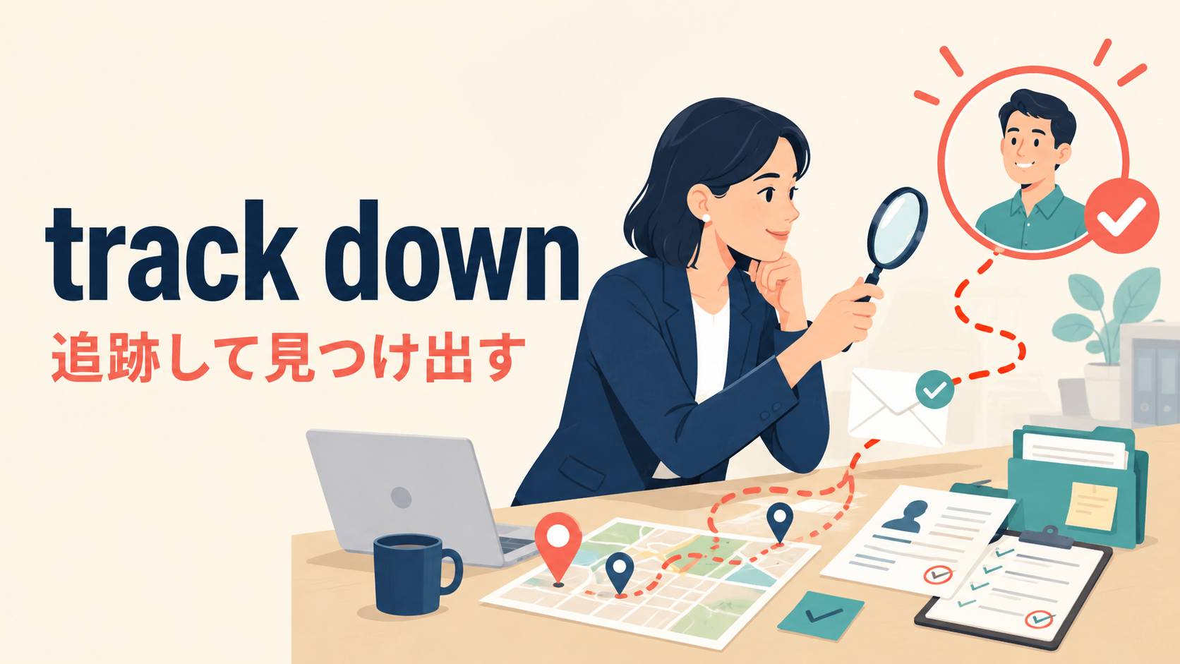 track downの意味「追跡して見つけ出す」を表すアイキャッチ画像
