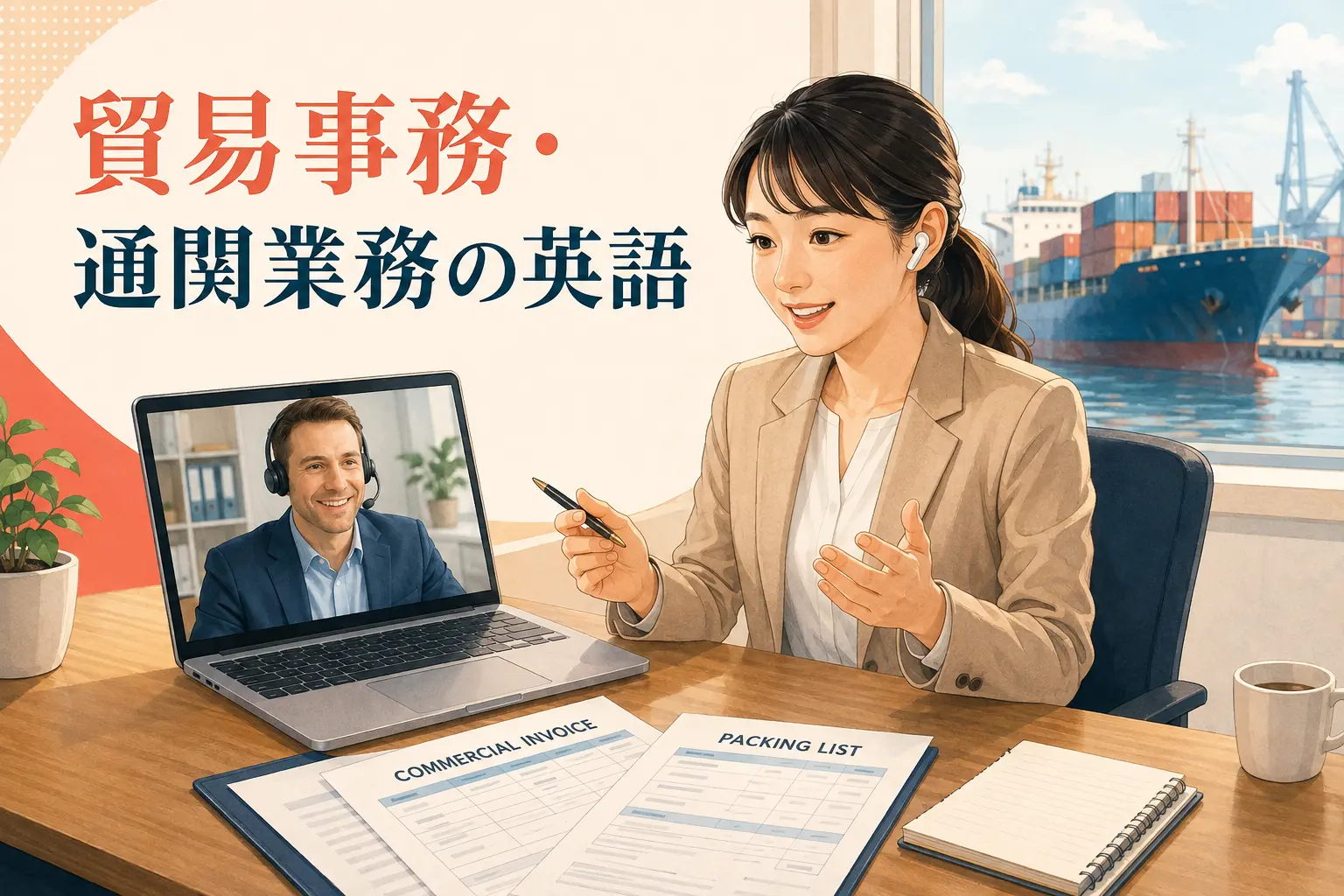 海外の物流担当者と英語で連絡する貿易事務スタッフ