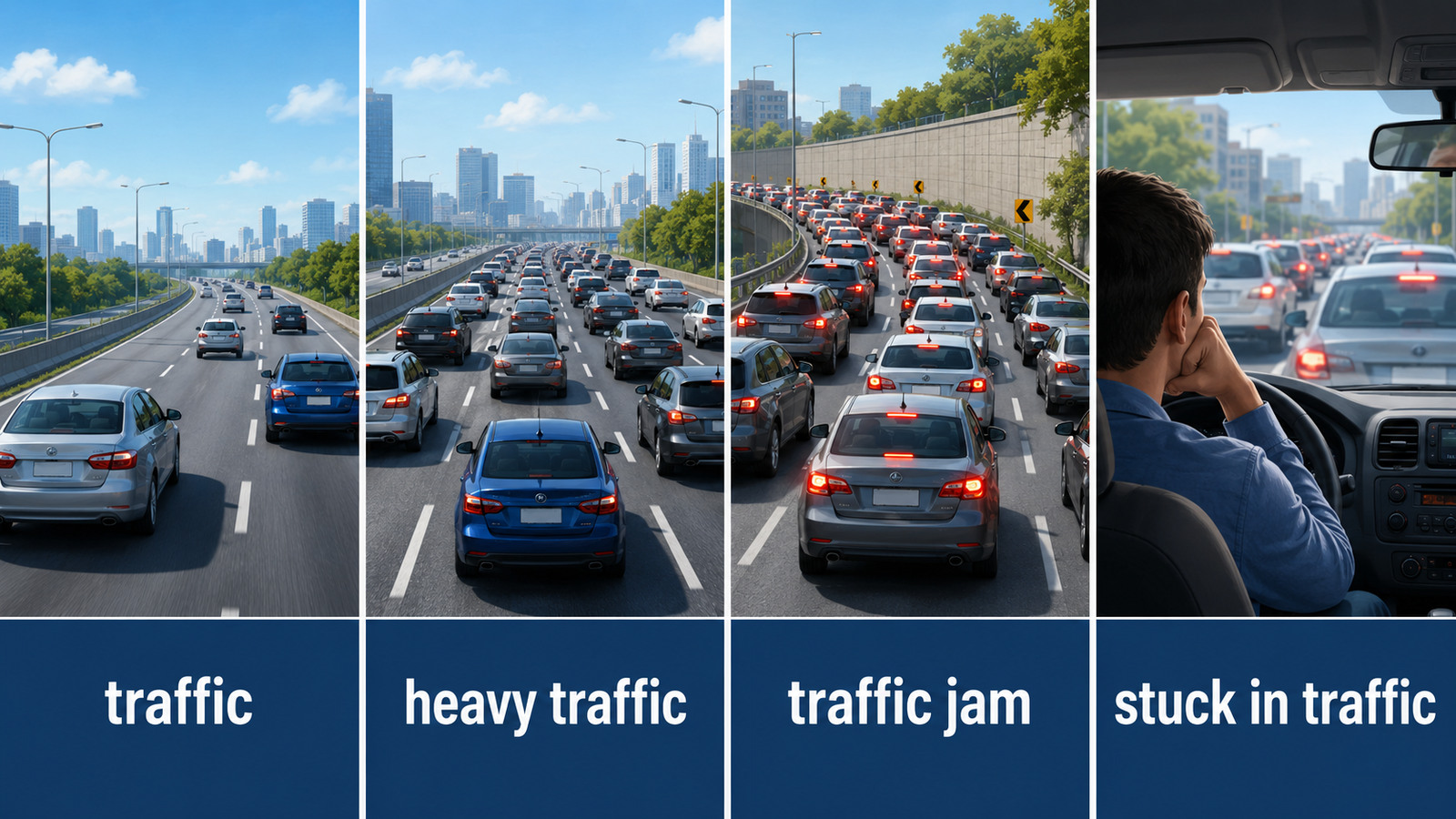 traffic・heavy traffic・traffic jam・stuck in trafficの違いを示す比較図
