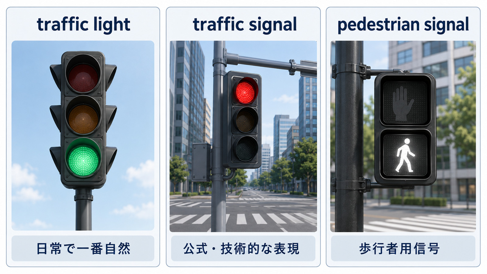 traffic light・traffic signal・pedestrian signalの違いを比較