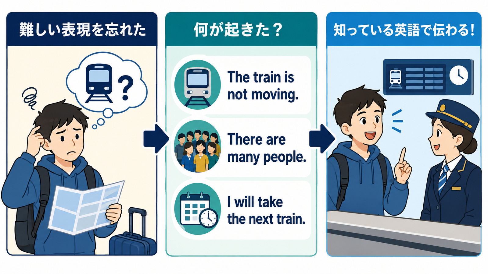 電車の難しい表現を忘れても、何が起きたかを簡単な英語に分けて伝えるしゅみすけ式の図
